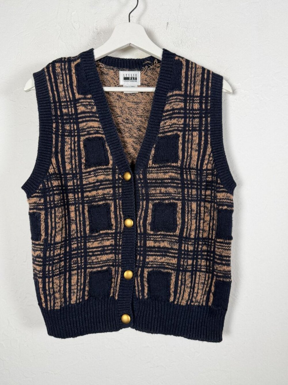 Vintage Leslie Fay Sportswear Plaid Knit Sweater Vest Medium Navy Brown Buttons